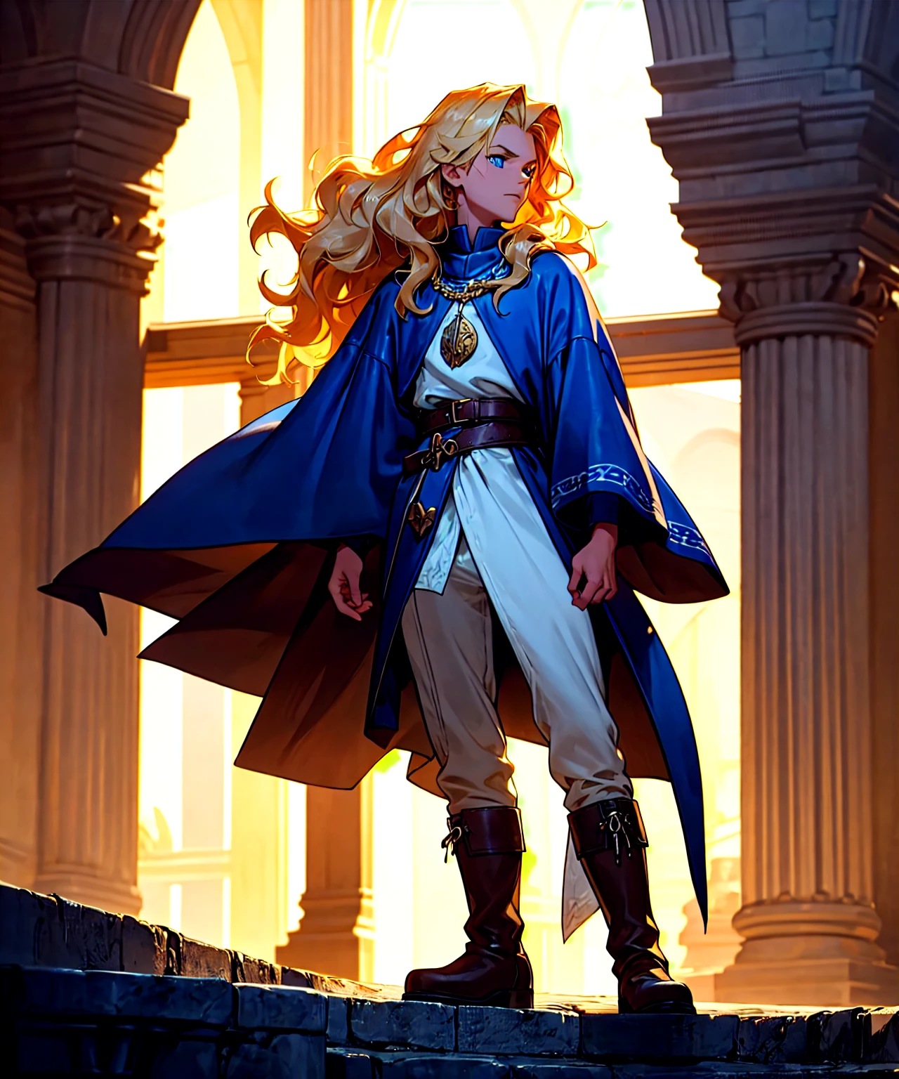 1 male, wavy blonde hair, blue eyes, royal blue medieval tunic, leather boots, standing on castle balcony, holding falcon, detailed face and eyes, photorealistic, 8K, high quality, dramatic lighting, fantasy, cinematic