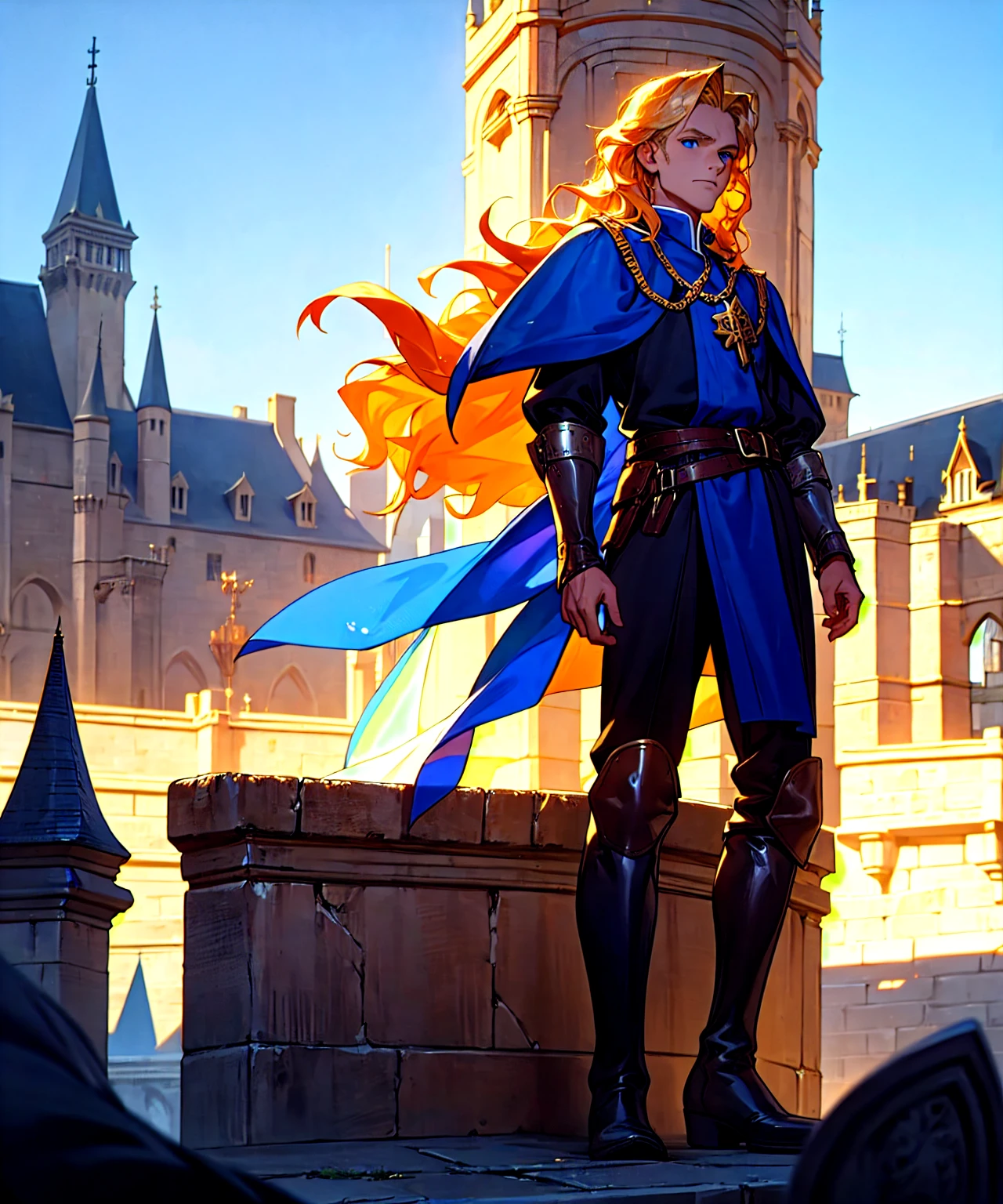 1 male, wavy blonde hair, blue eyes, royal blue medieval tunic, leather boots, standing on castle balcony, holding falcon, detailed face and eyes, photorealistic, 8K, high quality, dramatic lighting, fantasy, cinematic