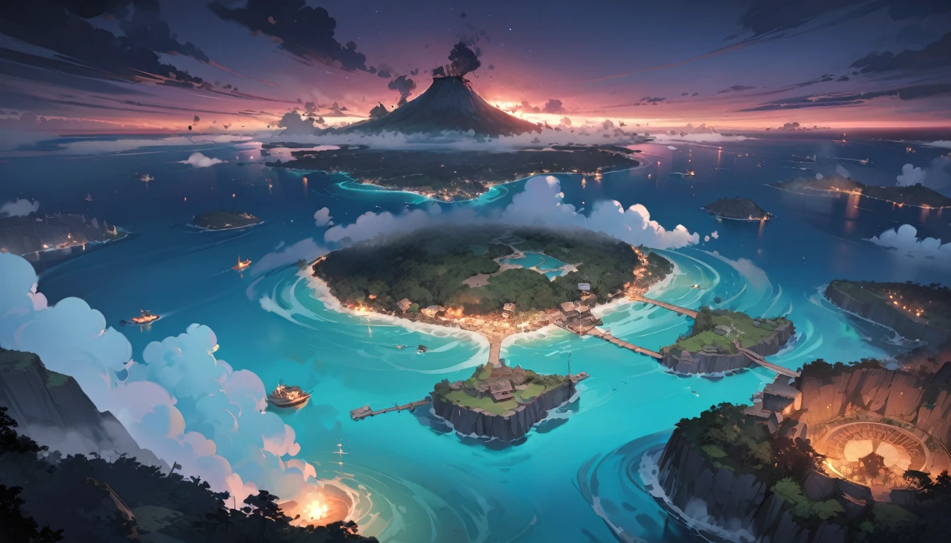 (masterpiece、premium quality、ultra detailed) , at night, Map of an island in the middle of the sea, mysterious island, full of fog, plague,The massacre island, where people are murdered, death