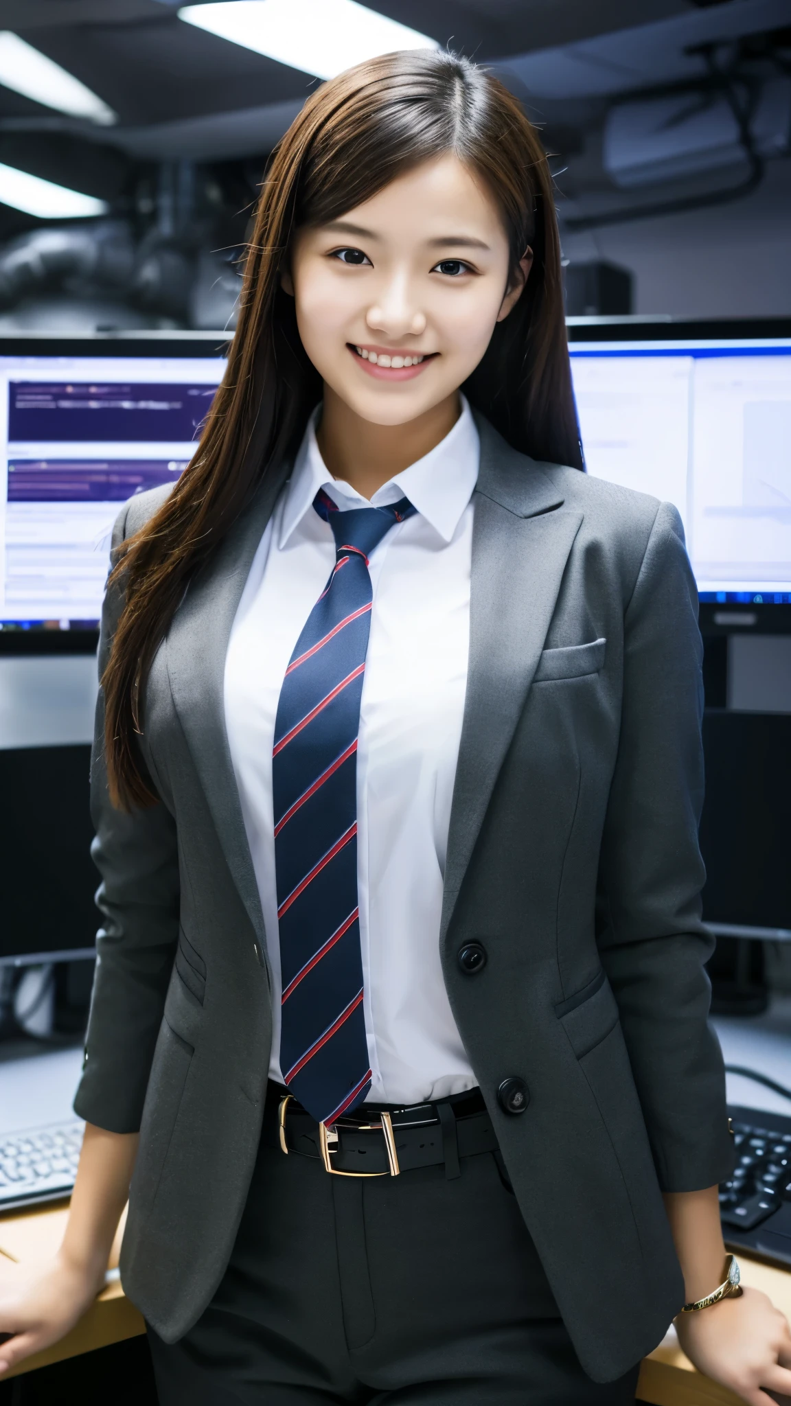 masterpiece, best quality, ultra high res, 1girl, 18 years old, office casual outfit, hacker's server room, ultra detailed photograph, (photorealistic), (intricate details), HDR, 8k resolution, (lens flare:0.5), light from far behind, (smile, joy) 