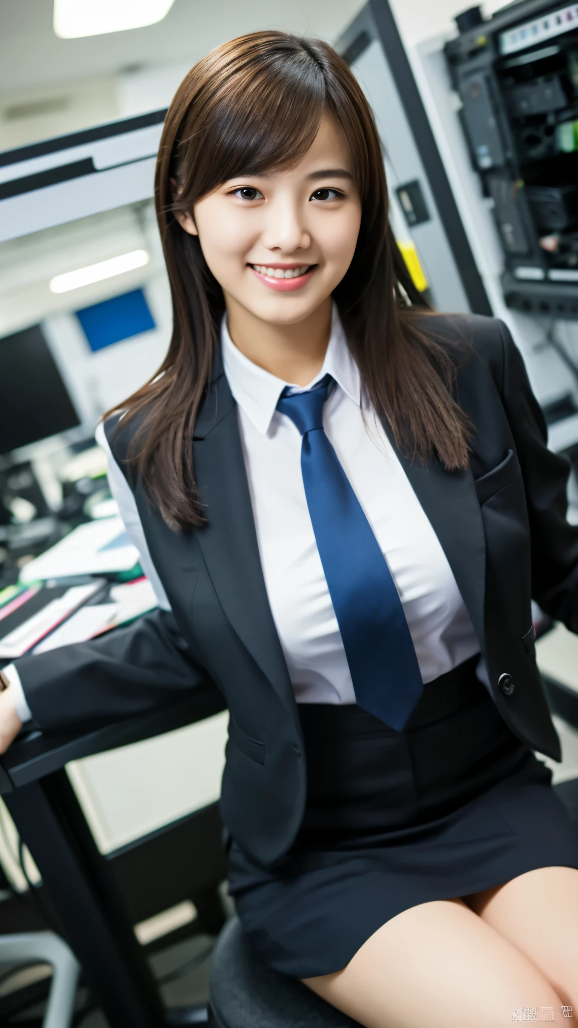 masterpiece, best quality, ultra high res, 1girl, 18 years old, office casual outfit, hacker's server room, ultra detailed photograph, (photorealistic), (intricate details), HDR, 8k resolution, (lens flare:0.5), light from far behind, (smile, joy)