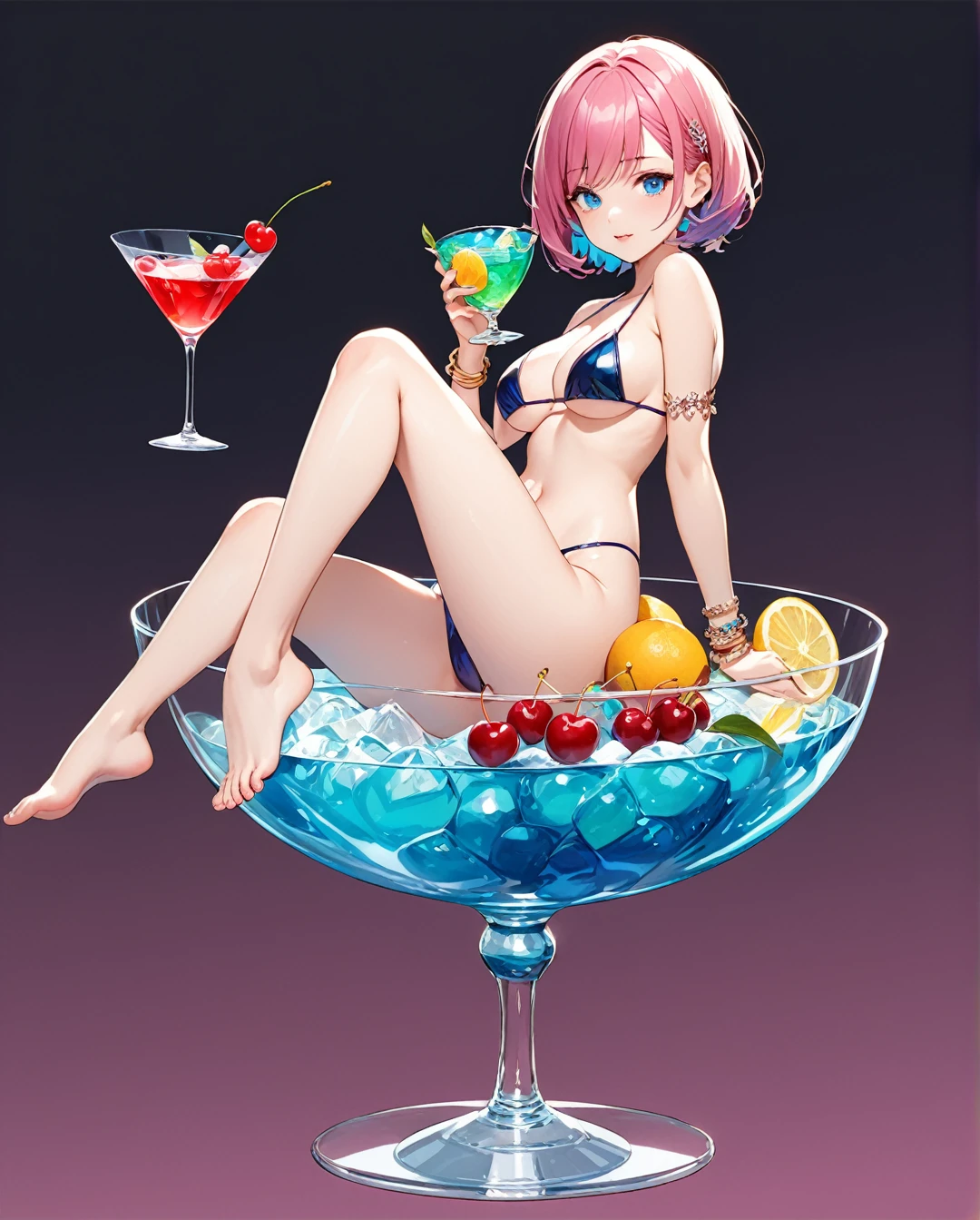 (an artsy), ((woman sitting on top of a martini glass)), eating lemons, 1girl, sitting on tail glass, (((masterpiece))),(((High resolution)))、(((8K quality)))、(((Perfect Face)))、((Top quality eyes)), One Girl、24-years-old、Best Bust、Large Breaavage、((b)), Beautiful Eyes、hot pink hair, ((Very Short Hair))、blue eyes,fruit, 独奏, cup, breasts, food, bareavel, drinking glass, looking at viewer, in cup, feet, bracelet, cocktail, toes, jewelry, fbody, cherry, Ultra-small micro bikini、dark gradation background