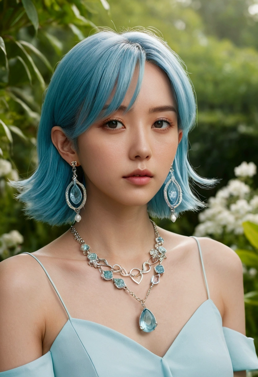 People wearing anime necklaces, Long necklace and earrings, In a gentle garden landscape style, Animation color photo, Sonic, Aquamarine, Embry Style, Honest portrait