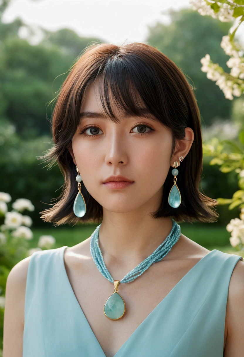 People wearing anime necklaces, Long necklace and earrings, In a gentle garden landscape style, Animation color photo, Sonic, Aquamarine, Embry Style, Honest portrait