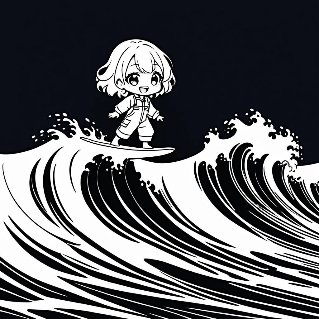 ultra-small deformation, Chibi Cute, 1girl, solo, full body, professional surfer, wearing a coveralls, surfing on top of wooden door, big wave on the sea, smile, open mouth, High contrast and vivid color, simple background