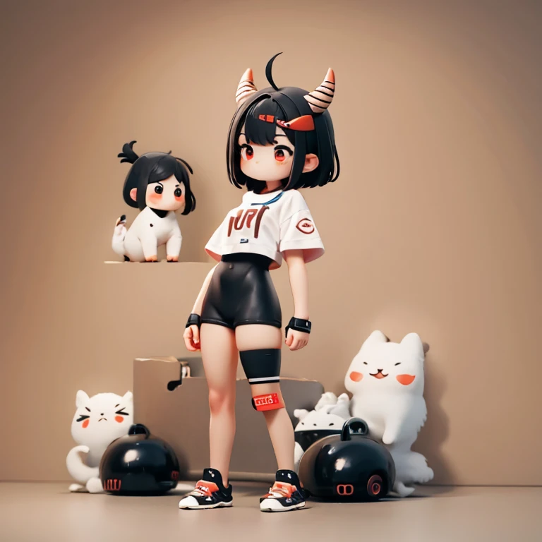 Young Girl,,Mini character,Red eyes,Black Hair,Ahoge,Short Hair,Short Hair,Very Short Hair,Dark atmosphere,Deformed character,Horns growing,slender,Slender,Small breasts,Small breasts,Tight-fitting clothing,Yoga Suit,spats,Facing forward,Watching the audience,Facing the screen,Standing with your legs apart,Even the toes are visible,Even the toes are visible,