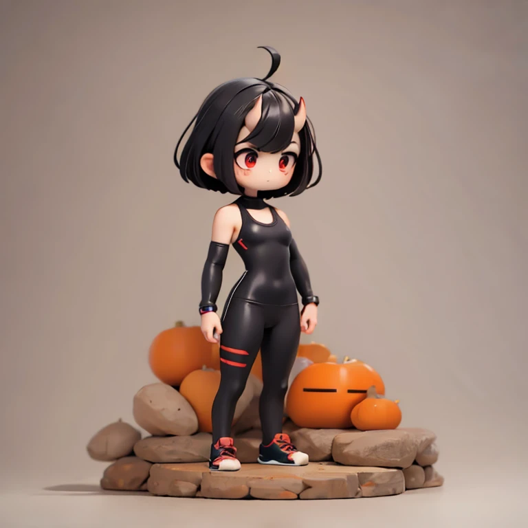 Young Girl,,Mini character,Red eyes,Black Hair,Ahoge,Short Hair,Short Hair,Very Short Hair,Dark atmosphere,Deformed character,Horns growing,slender,Slender,Small breasts,Small breasts,Tight-fitting clothing,Yoga Suit,spats,Facing forward,Watching the audience,Facing the screen,Standing with your legs apart,Even the toes are visible,Even the toes are visible,