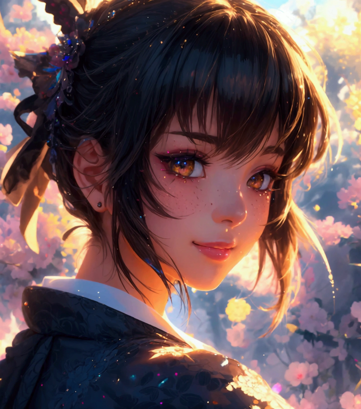 masterpiece, best quality, ultra-detailed, Potrait of beautiful MitsuruDS, solo, demon_slayer_uniform, smile, looking_at_viewer, blush, closed_mouth, portrait, volumetric lighting, best quality, masterpiece, intricate details, tonemapping, sharp focus, hyper detailed, trending on Artstation, Glitter ✨ background, glittering makeup 💄
