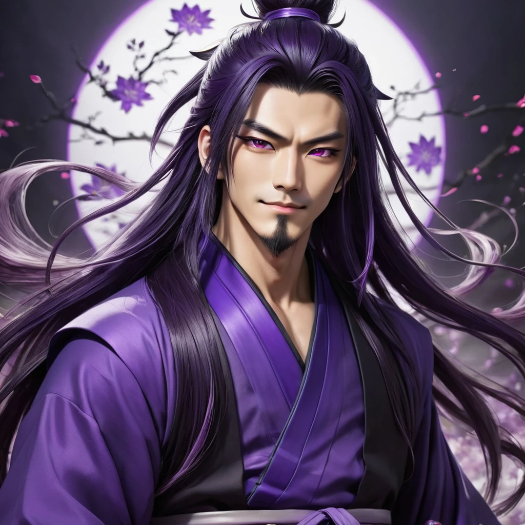 I want a human with a more human appearance and of Japanese ethnicity, man, I want him to have a sadistic smile and a terrible expression of disgust, and an extremely strong purple demonic aura that surrounds his entire being, This man will have long hair and wear Daimyo's luxury clothes, will have scarlet purple eyes and appear to be 26 years old at most. captured in an ultra-realistic full HD 4K portrait, detailed texture showing its menacing shape, Immersive atmosphere, high definition shadow play, digitalpainting, nevoa no environment. I want a different monster from each other and make the image darker, obscure, creating a dark and dimly lit horror atmosphere!