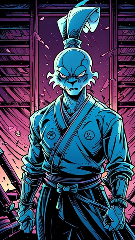 (s:1boy: usagi yojimbo), (extremely detailed CG unit 8k wallpaper),(master part), (best quality), (ultra detail), (best illustration),(melhor ombre), cowboy shot, (Sharp eyeliner, ombre, detail eyes:1),dark glowing neon light post apocalyptic interiors background, , break , (cybersamurai), upper body