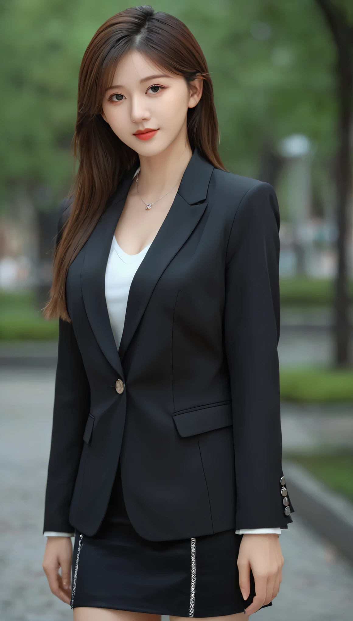 best quality, masterpiece, 1girl, Beautiful face, (photo realistic:1.3), rim lighting, (high detailed skin:1.2), 8k uhd, dslr, high quality, high resolution, 4k, 8k, Bokeh, absurdres, best ratio four finger and one thumb, (realistic:1.3), cute 1girl, wearing black formal blazer, huge breasts, short skirt,