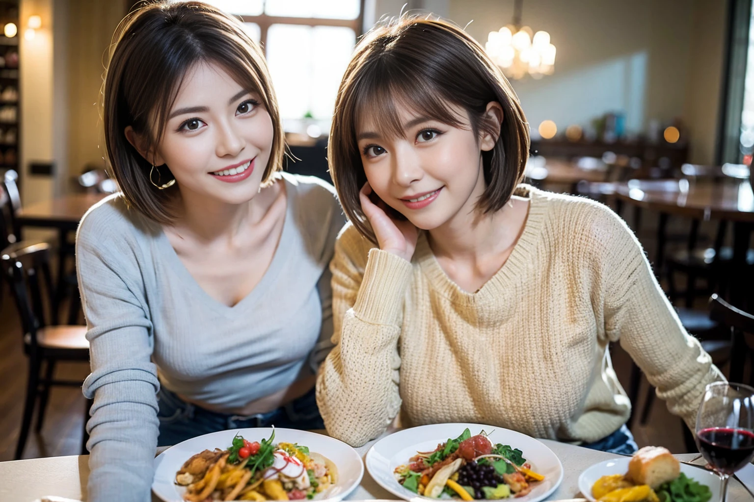 (Realistic:1.1),(masterpiece,Highest quality),8k,(49 years old), 53 years old, ベリーslimボディ、slimカップル、Tight waist,Upper Body,full-course dinner、wine 、Amazing view of the sunset sky and clouds、Perfect Anatomy, Brown Hair, short hair,Random Hairstyles,((Highly detailed face and eyes:1.2)),Perfect golden ratio face,Long sleeve shirt、dress,(smile:1.2)、Shortcuts、cute、(Realistic, Intricate details:1.2), A bright smile、short hair,Bright Face、赤wine 、Appetizers、Italian food、wine bottle、Champagne、スパークリングwine、(slimな顔), (The body is slim), (Brown Hair), (Shortcuts), Upper Body, 白wine, slim, wineグラス,