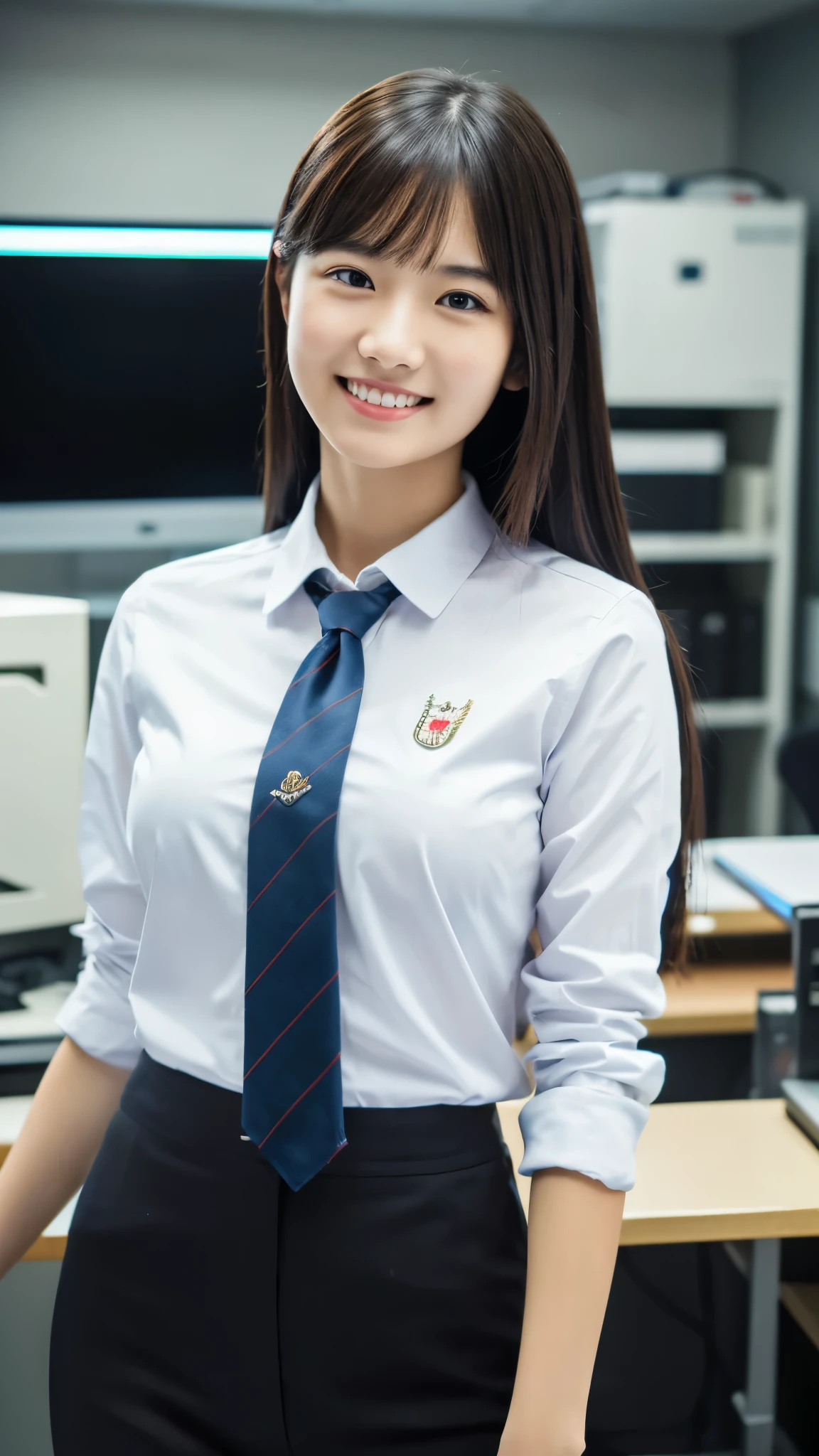 masterpiece, best quality, ultra high res, 1girl, 18 years old, office casual outfit, hacker's server room, ultra detailed photograph, (photorealistic), (intricate details), HDR, 8k resolution, (lens flare:0.5), light from far behind, (smile, joy)