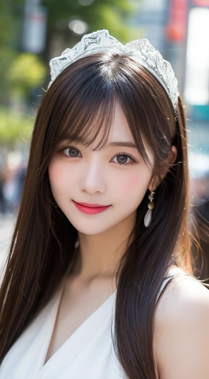 Tabletop, Highest quality, figure, Very detailed, In detail, High resolution, 8k wallpaper, Perfect dynamic composition, Beautiful attention to detail, White summer dress,Long Hair, Natural color lip, Bold sexy pose,smile,Harajuku、20-year-old girl、Cute Face、sexy shot looking at camera