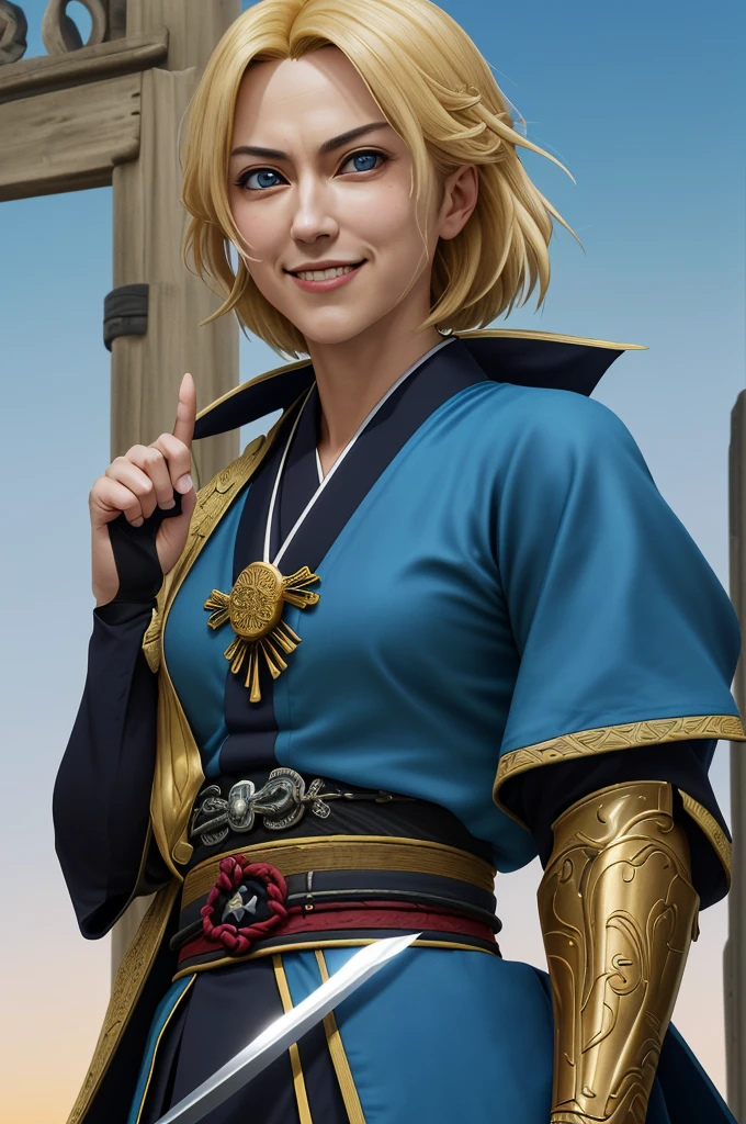 Highest quality, masterpiece, High resolution, alone,(Giorgia Meloni), smile,, 1 Female,kimono,Italy,knife,Daimyo,No flag,Jinhaori,Fumaru,brigandine,gat,hauberk,Evening sky_background,Anime Style, Highest quality, 4K, masterpiece, Middle Age,Wrinkles,alone, 1 , Upper Body, (Front angle),(looking at the camera),(Artfully crafted brilliance,),(Two arms),Looking at the camera,blue eyes,smug face, Shinkai Makoto style,blonde_hair, (Full Finger),(Accurate fingertips), (The finer details),(Anatomically correct),(映画のbackground), Hyper Detail, (Subtle details), (Intricate details), Octane Rendering,