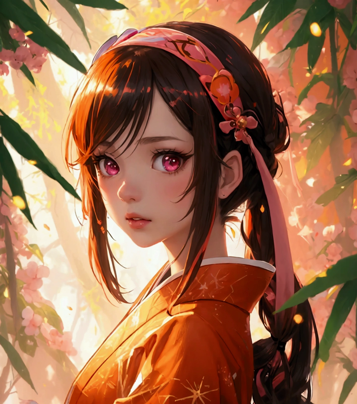 (((Masterpiece))), nezuko, 1girl, bamboo, bit gag, brown hair, ((grievance)) plaid belt, gag, gag, gradient hair, headband, haori, Japanese clothes, kimono, long Hair, looking at the viewer, multicolored hair, orange hair, pink eyes, pink kimono, pink ribbon, ribbon, solo, upper body, nezuko, Glitter jewelry and beautiful fantastic background diffused lighting and fiery bright colours, cgsociety 9