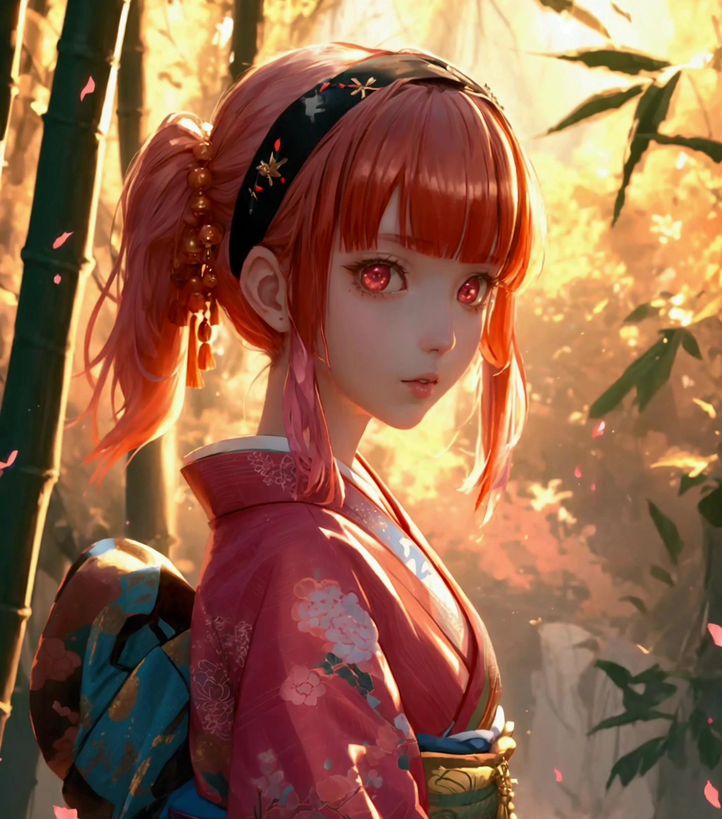 (((Masterpiece))), nezuko, 1girl, bamboo, bit gag, brown hair, ((grievance)) plaid belt, gag, gag, gradient hair, headband, haori, Japanese clothes, kimono, long Hair, looking at the viewer, multicolored hair, orange hair, pink eyes, pink kimono, pink ribbon, ribbon, solo, upper body, nezuko, Glitter jewelry and beautiful fantastic background diffused lighting and fiery bright colours, cgsociety 9