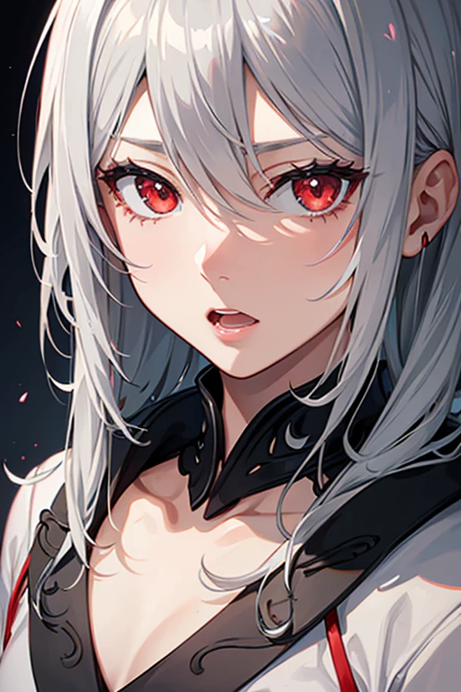 High resolution, detail, 高いdetail, Shortcuts, Gray Hair, Grey Hair, Silver Hair, chest, Open your mouth, Red eyes, Multiview, accessories, Illustration, Anime Style, Character Design,