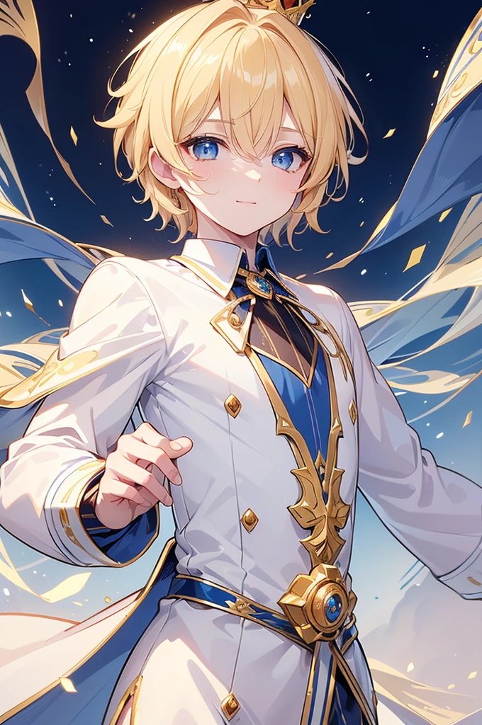 (Highest quality) (4K) (8k) (High resolution) (masterpiece:1.2) (Super detailed) One boy short hair Wizard Blue Eyes Long sleeve Golden decoration Hair between the eyes Wavy golden hair Upper Body (large crown) (White Background) (profile) Face close-up ((Young)) smile Activate magic (Small body) ((Dress shirt)) Blue decoration