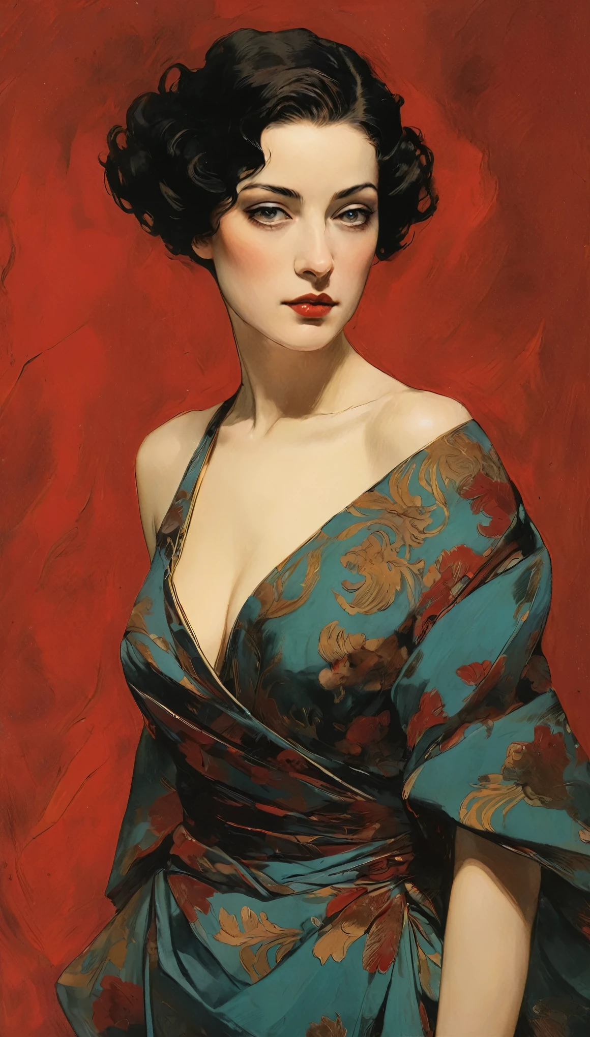 Sexy illustration of an elegant queen using chiaroscuro (((Short hair without bangs:1.4、beautiful eyes) , High quality ,Silk dress, matte paint, John Singer Sargent, author：Katsuya Terada、 Very soft colors, Deep and vivid, Deep red pastel, Very detailed, The art of math, High contrast, dramatic, complicated, Tone, close, Sexy and romantic、masterpiece、The Minimalists、