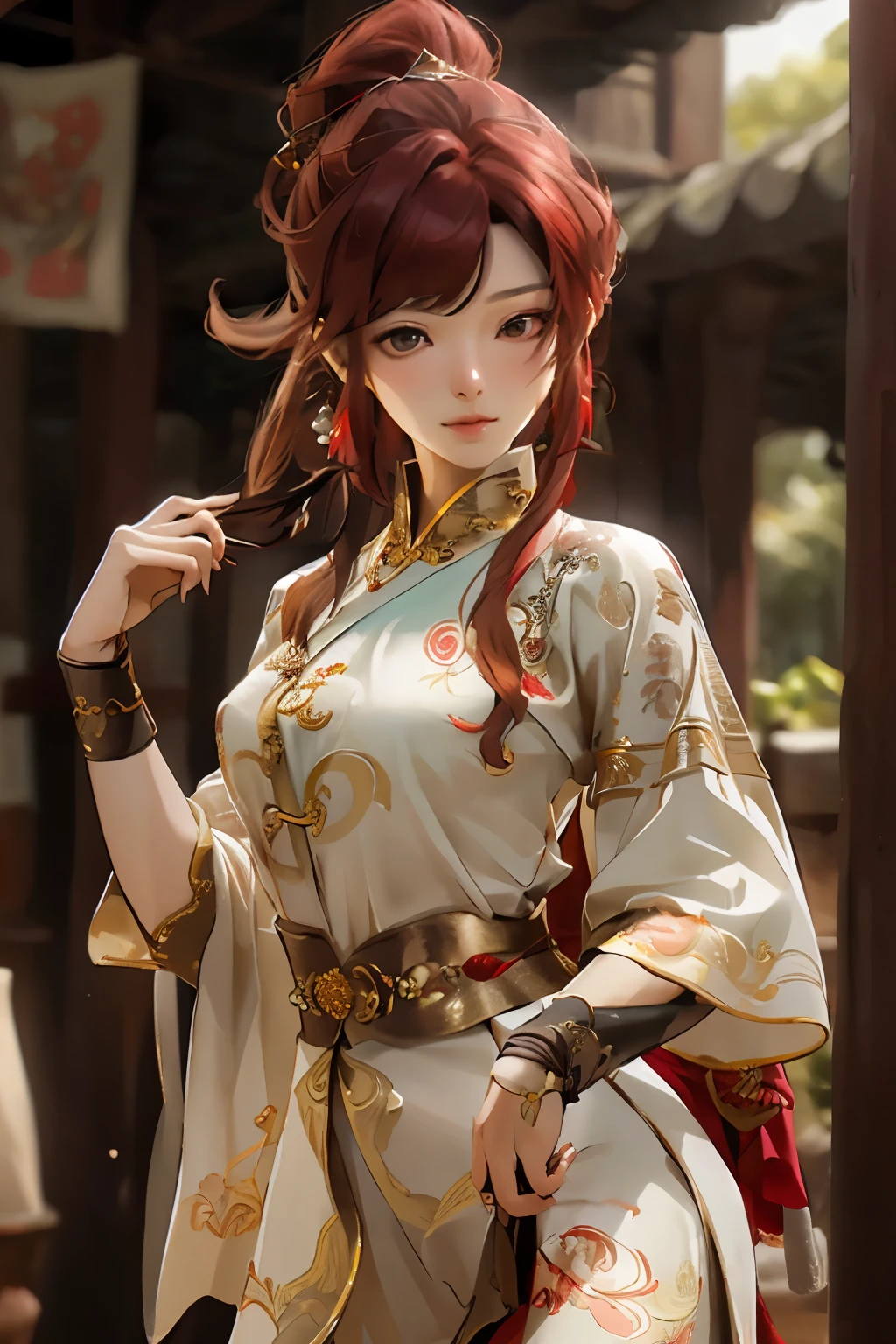 ((best quality)), ((masterpiece)), (detailed), Photorealistic, high resolution, mature woman, Hips up, jewelry, เสื้อผ้าขนาดใหญ่, Curtain Bangs, red hair, หน้าอกใหญ่, HDR (high dynamic range), After processing, Anisotropic filtration,depth of field, Maximum clarity and clarity, multi-layered surface, perfect proportions, 8K raw files, กระโปรงสั้น, natural lighting, soft lighting, sunlight, evening, Feiyu_clothes， red-fabric， gold embroidery， Gold embroidered black bracer，