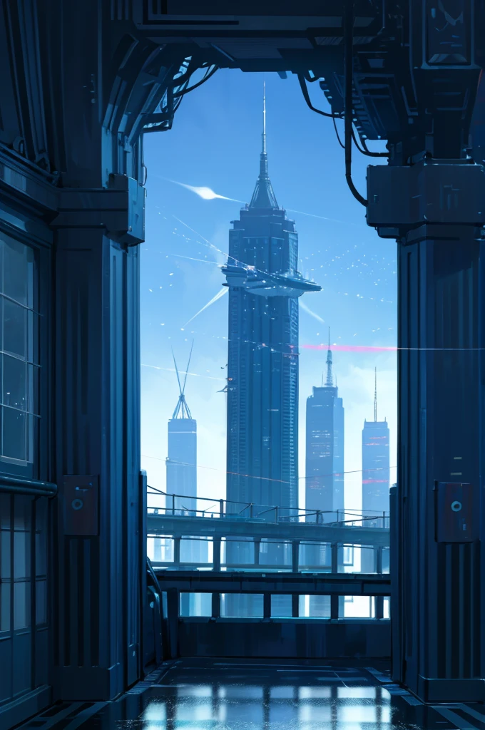 Generate anime-style images with futuristic city backgrounds。Skyscrapers tower over、Neon lights illuminate the city。The sky is a deep navy blue、A shooting star is falling。There are flying cars and skywalks in the city, and a square in one corner of the city.、There is a lawn and flower beds。Please do not include people