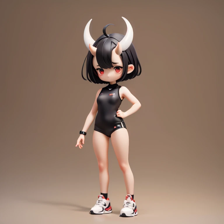 Young Girl,,Mini character,Red eyes,Black Hair,Ahoge,Short Hair,Short Hair,Very Short Hair,Dark atmosphere,Deformed character,Horns growing,slender,Slender,Small breasts,Small breasts,Tight-fitting clothing,Yoga Suit,spats,Facing forward,Watching the audience,Facing the screen,Standing with your legs apart,Even the toes are visible,Even the toes are visible,
