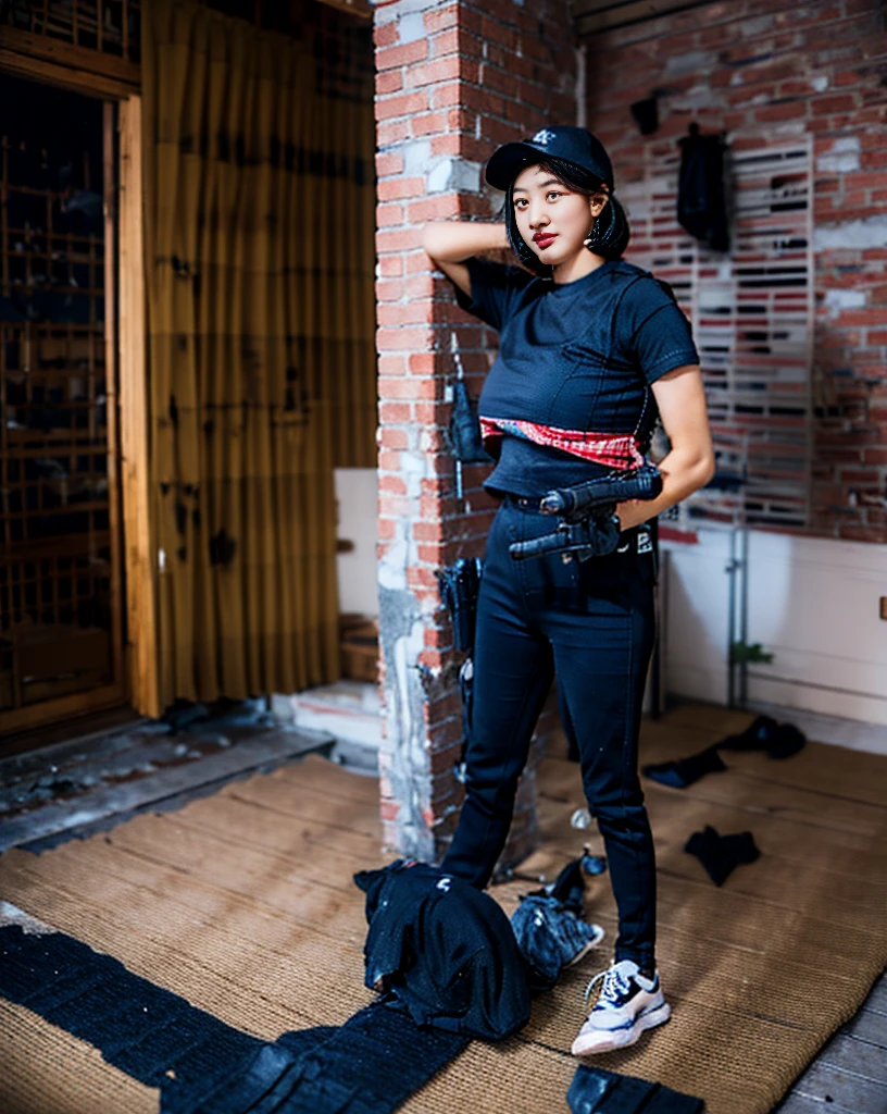 8K,realistic photo、realistic skin texture、A beautiful Japanese woman living in America stands guard, holding a small revolver in her right hand.、Dirty and torn oversizedTshirt、 Dirty Vans sneakers、hideout、A room in an old apartment、broken furniture、Bricks and rubble、face、Dynamic action pose、cool composition、tattoo、Part of a team of Guardians who protect the community、German Shepherds sitting together