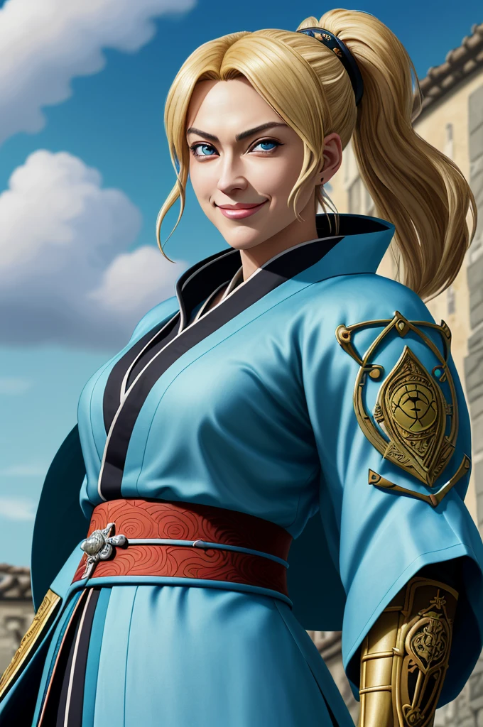 Highest quality, masterpiece, High resolution, alone,（Giorgia Meloni）, smile,, 1 Female,kimono，Italy，knife，Daimyo，No flag，Jinhaori，Fumaru，brigandine,gat,hauberk,Evening sky_background，Anime Style, Highest quality, 4K, masterpiece, Middle Age，Wrinkles，alone, 1 , Upper Body, (Front angle),(looking at the camera),(Artfully crafted brilliance,),(Two arms)，Looking at the camera,blue eyes，smug face， Shinkai Makoto style,blonde_hair， (Full Finger),(Accurate fingertips), (The finer details),(Anatomically correct),(映画のbackground), Hyper Detail, (Subtle details), (Intricate details), Octane Rendering，