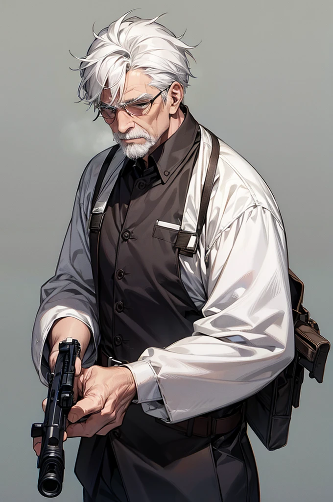 1 old man, standing, white hair, hold a gun