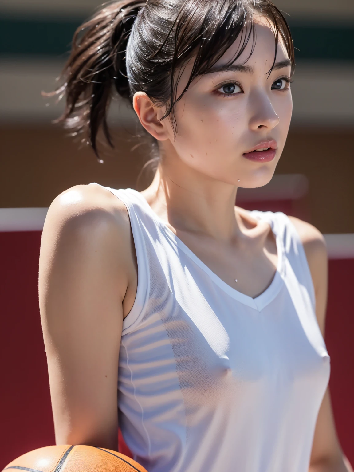(masterpiece), Very detailed, Ultra-high resolution, Realistic, photo Realistic, High-resolution RAW color photos, Professional photos, Sharp focus, (Very detailed顔と肌の質感, Very beautiful eyes, Glossのある肌, Glowing Skin, Glowing Skin, Shining Face, Gloss, Oily skin, greasy face, Oily skin, greasy face,), (real Glossのある肌 texture), Perfect Anatomy, Very detailed背景,((Uninhabited gymnasium)),(1 female,25-year-old woman, Japanese women),(lean slender body、Slender legs),short hair, Straight hair, bangs, Brown Hair,(Flat Chest:1.6),(Erect nipples:1.2), (((White sleeveless basketball uniform)))、((Wet and see-through uniform:1.4))
