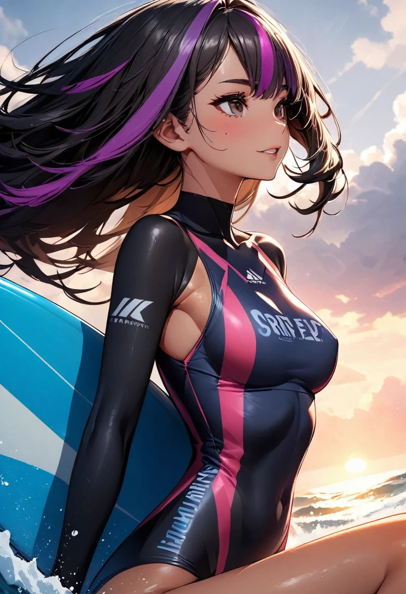 (highest quality:1.2, Very detailed, up to date, Vibrant, Ultra-high resolution, High Contrast, masterpiece:1.2, highest quality, Best aesthetics), Portraiture、girl、((25-years-old:1)), (a female surfing athlete:1.7), (riding on surfboard:1.6), surfing venue, surfing on big wave, dynamic angle, Bright colors、Beautiful fine details、Beautiful lip detail, long hair、black and purple ((streaked hair:1.6)), highlights hair: 1.5, brown eyes, ((slim body:1.4)), (small breast:0.7), (dark skin:0.5), surfing wear, side view