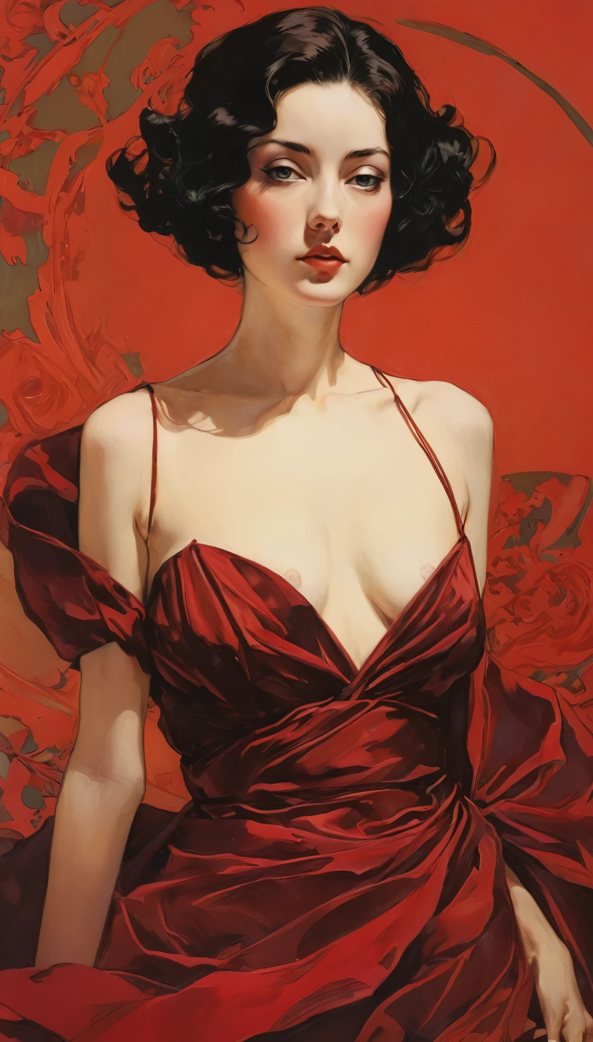 Sexy illustration of an elegant queen using chiaroscuro (((Short hair without bangs:1.4、beautiful eyes) , High quality ,Silk dress, matte paint, John Singer Sargent, author：Katsuya Terada、 Very soft colors, Deep and vivid, Deep red pastel, Very detailed, The art of math, High contrast, dramatic, complicated, Tone, close, Sexy and romantic、masterpiece、The Minimalists、