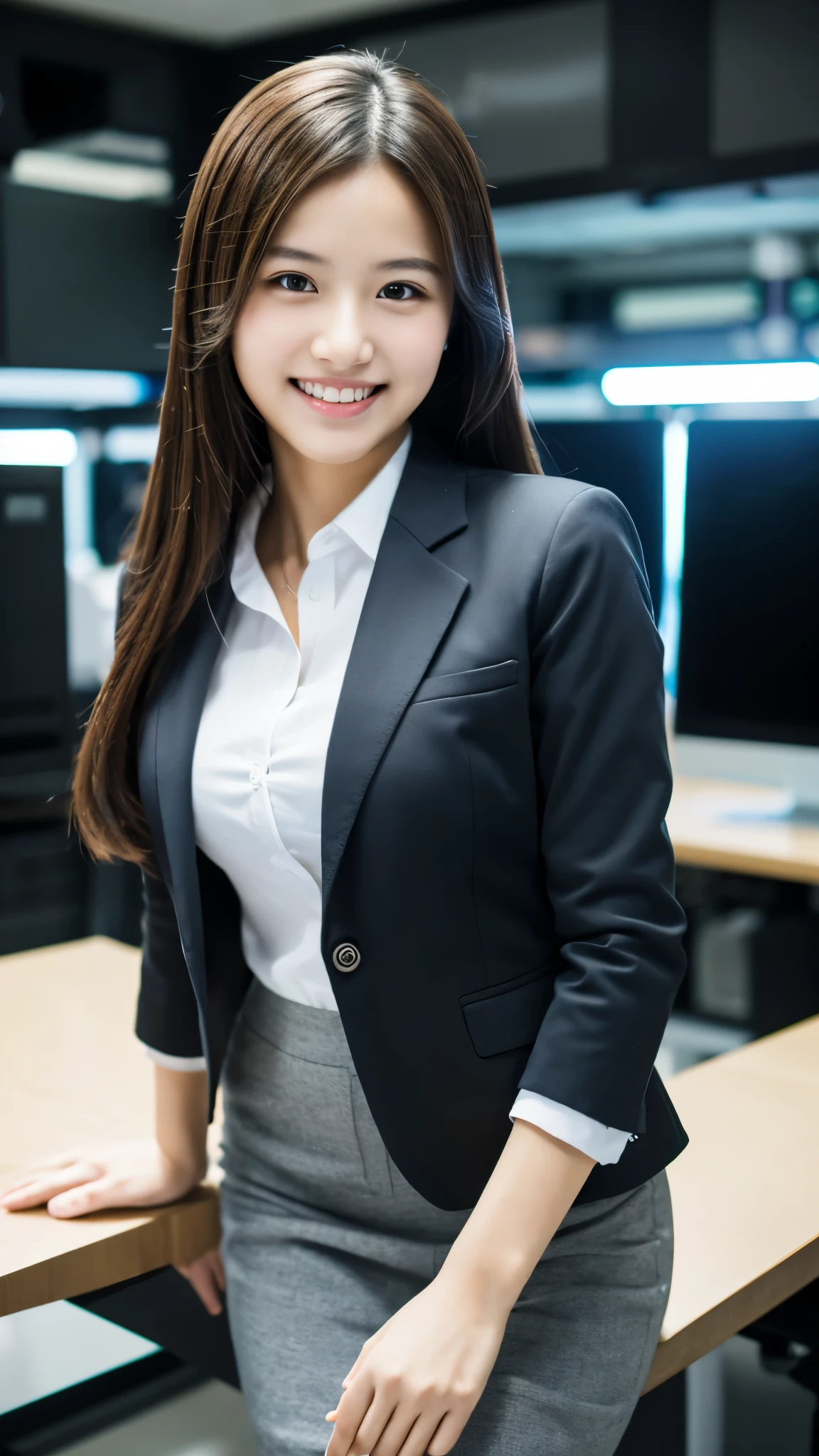 masterpiece, best quality, ultra high res, 1girl, 18 years old, office casual outfit, hacker's server room, ultra detailed photograph, (photorealistic), (intricate details), HDR, 8k resolution, (lens flare:0.5), light from far behind, (smile, joy)