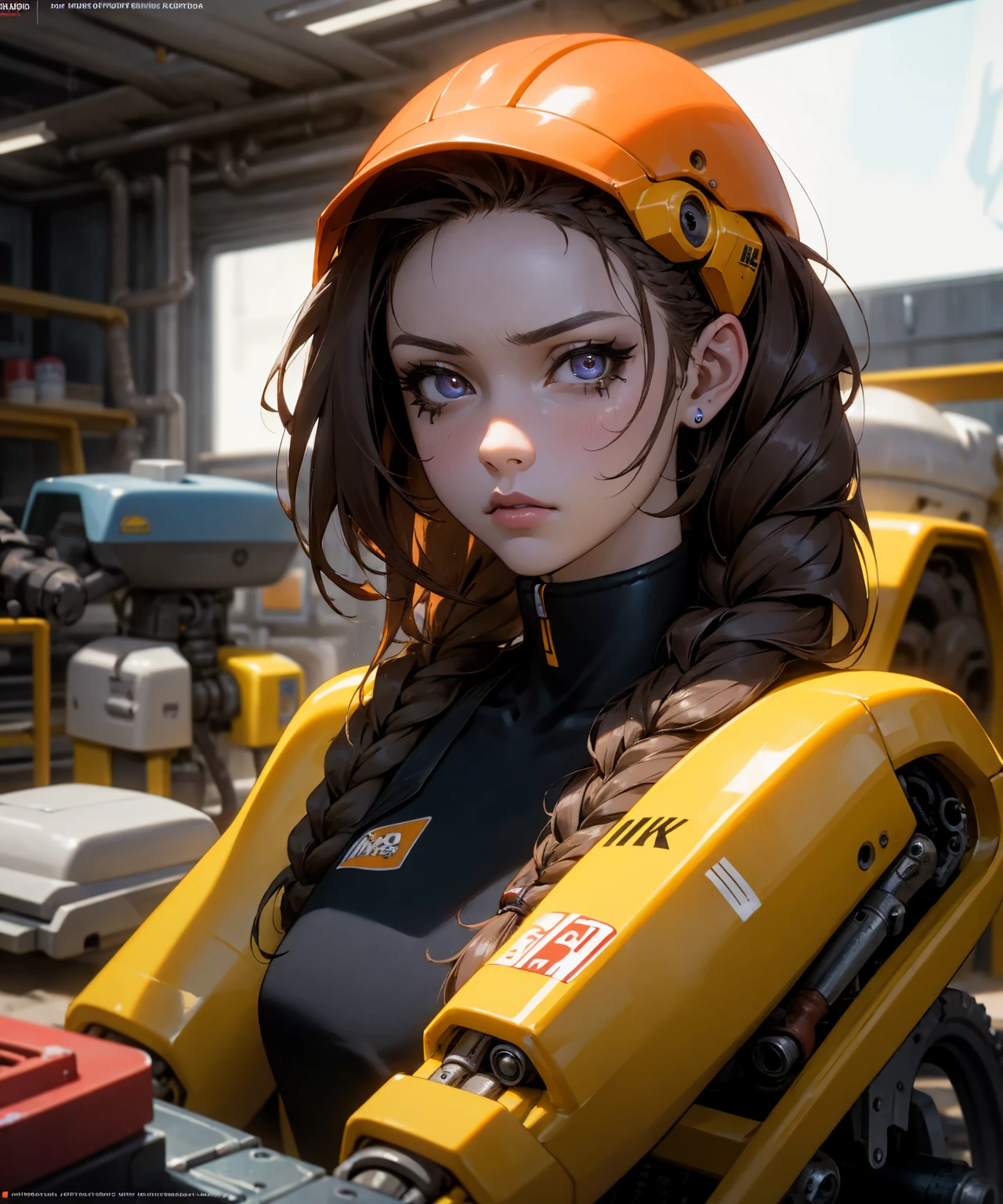 1girl, long braided brown hair, mechanic's jumpsuit, robot parts, wrench in hand, detailed face, detailed eyes, realistic, highly detailed, intricate details, photorealistic, hyper detailed, 8k, masterpiece, digital art, industrial, mechanical, workshop environment, cinematic lighting, warm colors