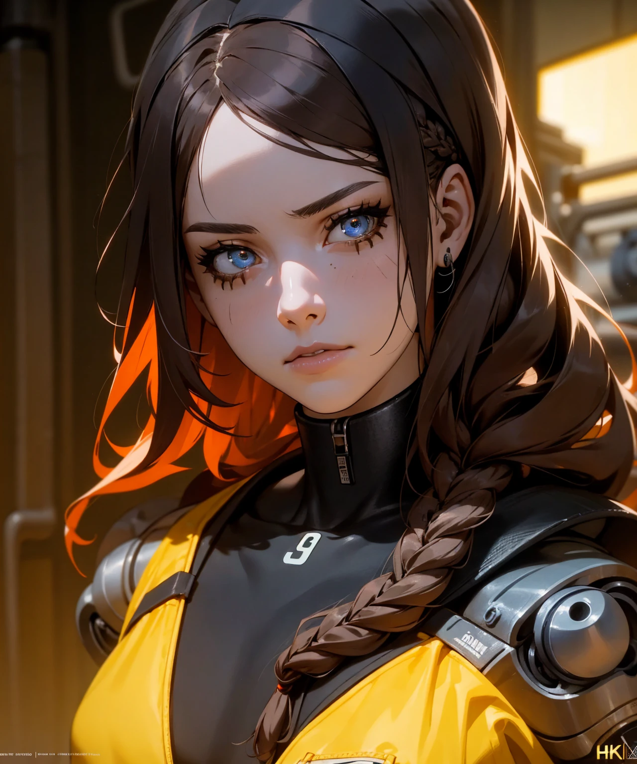 1girl, long braided brown hair, mechanic's jumpsuit, robot parts, wrench in hand, detailed face, detailed eyes, realistic, highly detailed, intricate details, photorealistic, hyper detailed, 8k, masterpiece, digital art, industrial, mechanical, workshop environment, cinematic lighting, warm colors