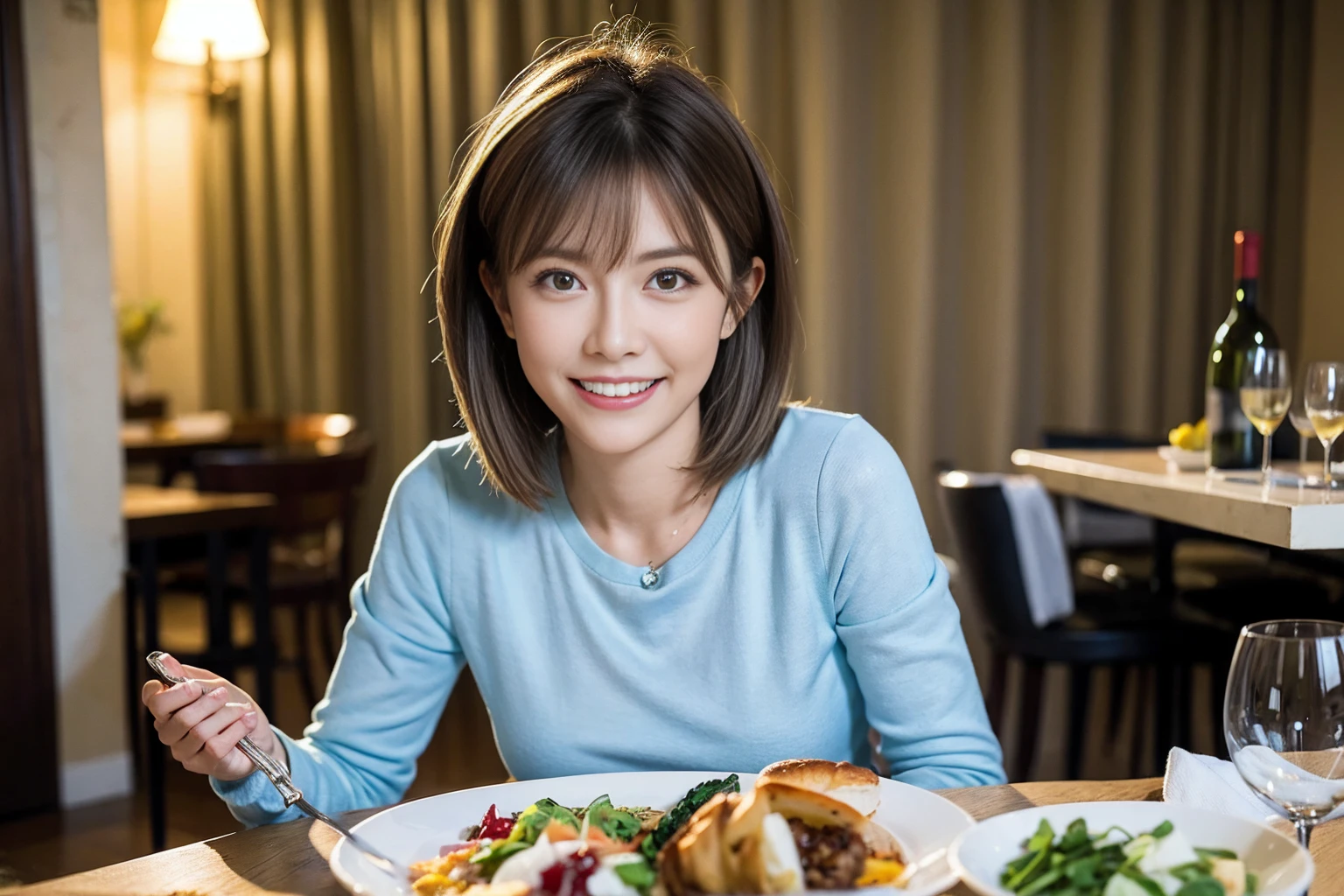 （Realistic:1.1）,(masterpiece,Highest quality)，8k,(52 years old), 53 years old, ベリーslimボディ、slimカップル、Tight waist,Upper Body,full-course dinner、wine 、Amazing view of the sunset sky and clouds、Perfect Anatomy, Brown Hair, short hair,Random Hairstyles,((Highly detailed face and eyes:1.2))，Perfect golden ratio face，Long sleeve shirt、dress,(smile:1.2)、Shortcuts、cute、(Realistic, Intricate details:1.2), A bright smile、short hair,Bright Face、赤wine 、Appetizers、Italian food、wine bottle、Champagne、スパークリングwine、(slimな顔), (The body is slim), (Brown Hair), (Shortcuts),  Upper Body, 白wine, slim, wineグラス, 