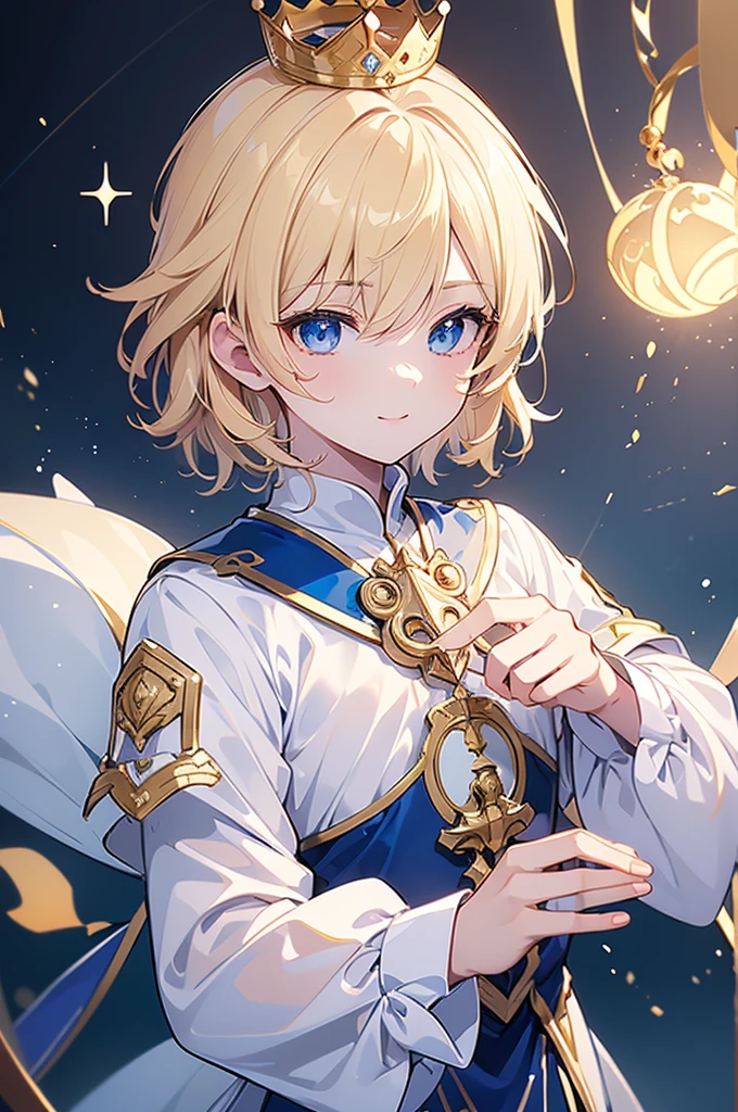 (Highest quality) (4K) (8k) (High resolution) (masterpiece:1.2) (Super detailed) One boy short hair Wizard Blue Eyes Long sleeve Golden decoration Hair between the eyes White Dress Wavy golden hair Upper Body (large crown) (White Background) (profile) Face close-up ((Young)) smile Activate magic (Small body) ((Dress shirt)) Blue decoration