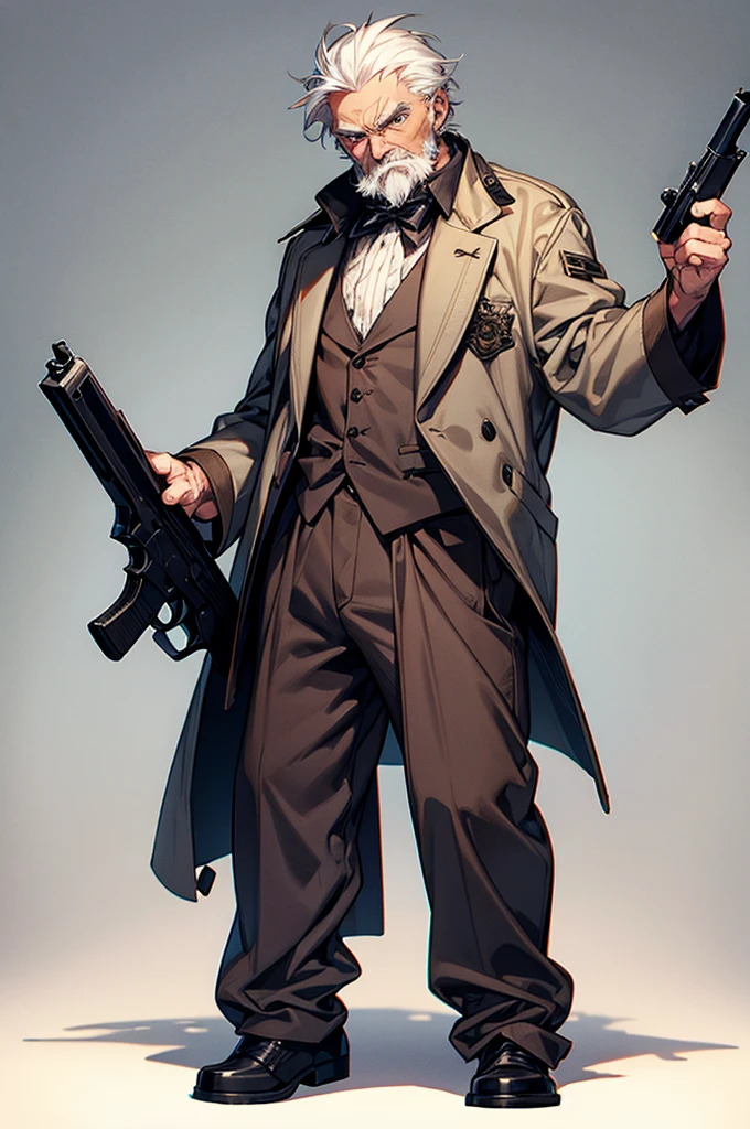 1 old man, standing, white hair, hold a gun pointing at you