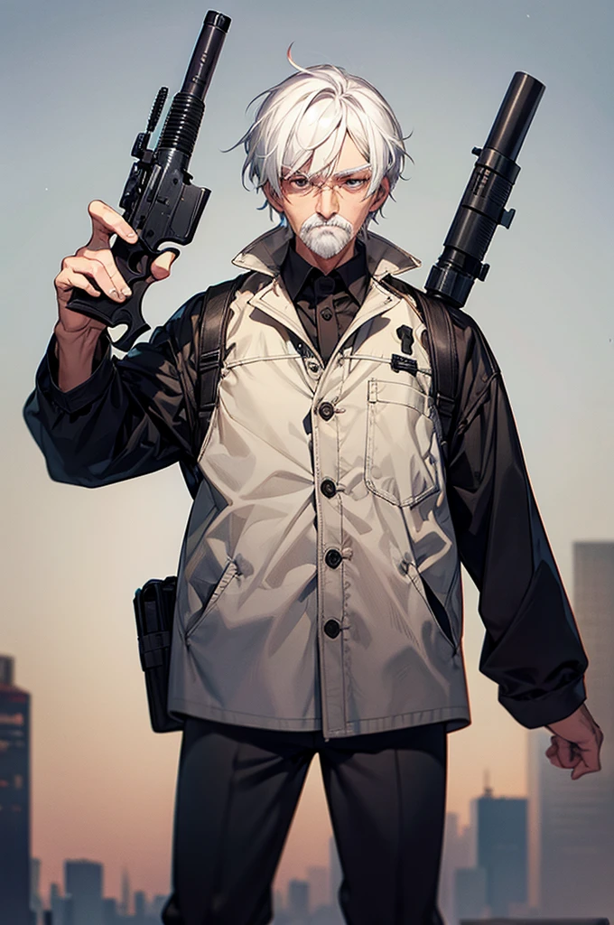 1 old man, standing, white hair, hold a gun pointing at you