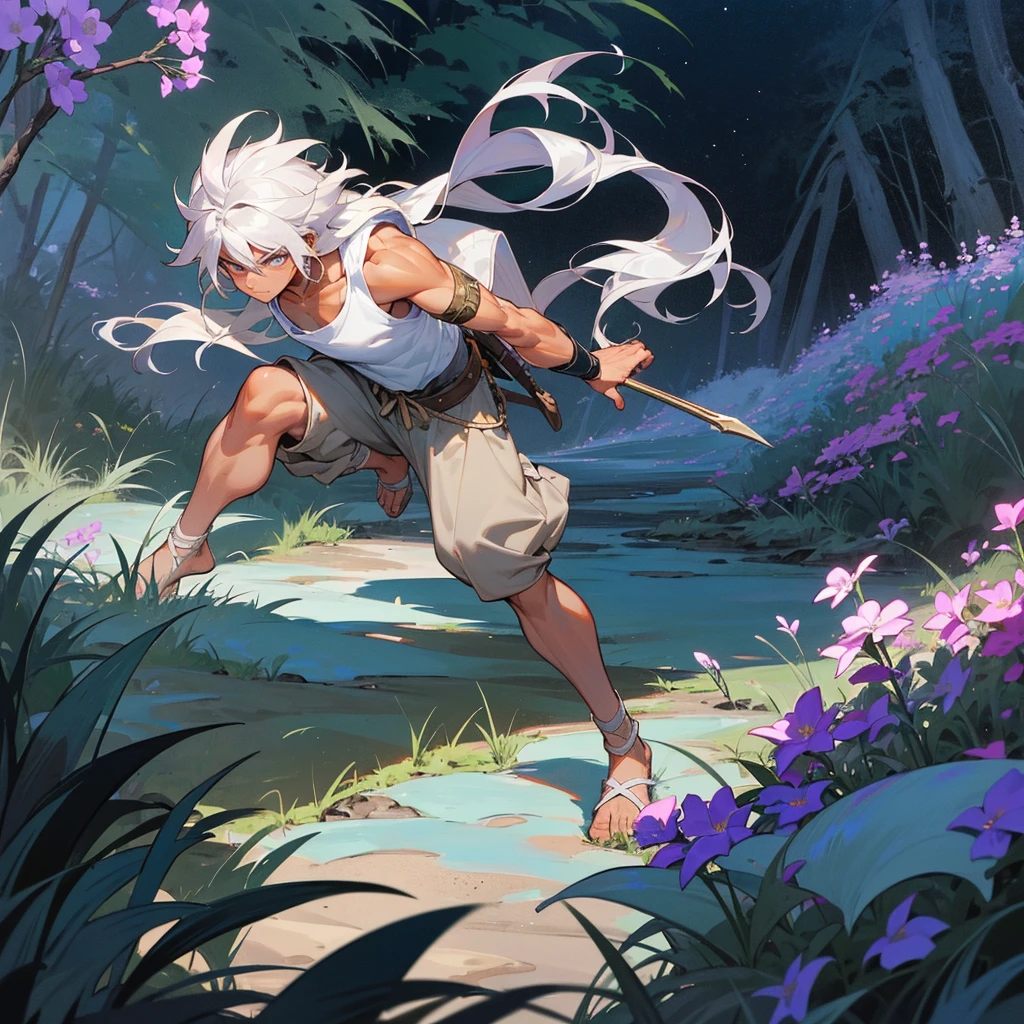 1male, muscular, tan skin, young teen, finely detailed lavander eyes, wild long hair, messy hair, seashell white color hair, adventurer gear, sleeveless shirt, baggy combat pants, night time, dark forest, somber expression, angry, flowers, standing on path, lanturns, black armband, cut over eyebrow