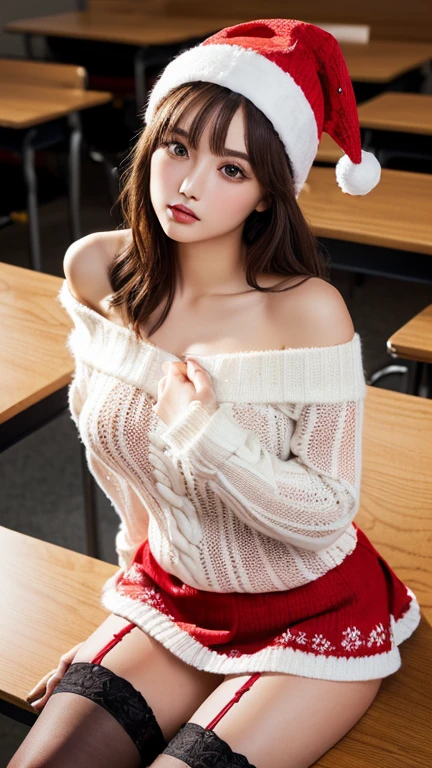 ((Tabletop, Highest quality, High resolution, Hmph, Pixel perfect, 4K, Hmph, Hmph))), One Girl, single, alone, Beauty、The whole body is visible、 ((Mid-wave hair, bangs, Brown Hair)), ((Brown eyes, Beautiful eyelashes, Realistic eyes)), ((Detailed face, blush:1.2)), ((Smooth texture:0.75, Realistic texture:0.65, Realistic:1.1, Medium chest, Dynamic Angle, Perfect body, ((Santa Claus Costume、Red knitted hat、Red and white off-the-shoulder sweater、red and white flared skirt、Black garter stockings)), An empty classroom、Sit at a desk、Lower'I took my feet off the desk..............、evening、、((Angle looking up from below))、Very embarrassing panic smile、(Hold up your skirt with both hands、Spread your legs、white floral lace panties)、