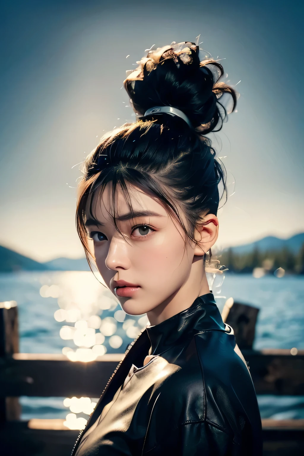 36-year-old woman、(High Top Fade:1.3)、Hair length、Dark Theme、Calm tone、Calm colors、High contrast、(Natural skin texture、Hyperrealism、Soft Light、sharp)、masterpiece, 最high quality, high quality, High resolution,background wooden bridge at tahoe lake.