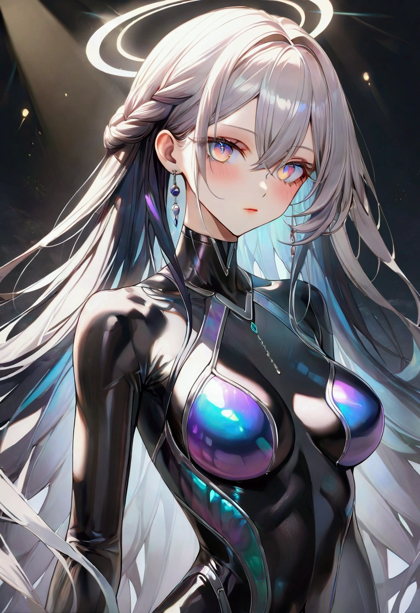 A girl with long dark iridescent hair, iridescent eyes, fair skin tone, slender and athletic built, bodysuit, detailed hair, detailed eyes, detailed body, best quality, aesthetic,8k