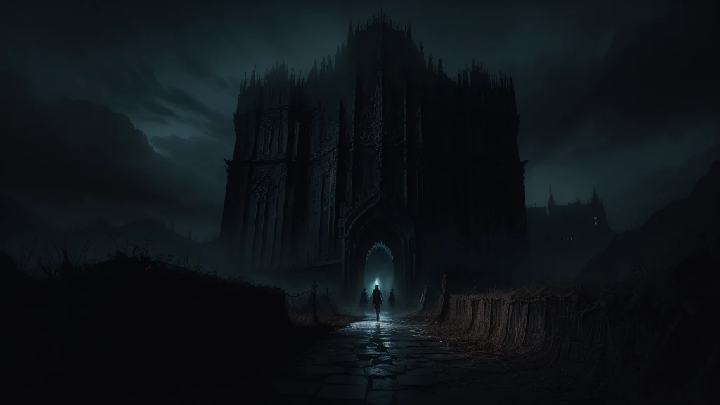 (anime, fantasy, hell gate), (masterpiece, best quality, highres, HDR:1.2), cold color palette, ominous atmosphere, underworld, haunting and mesmerizing, horrifyingly enchanting, ethereal beauty, unsettling, otherworldly, general shot, ethereal light, fantastical landscapes