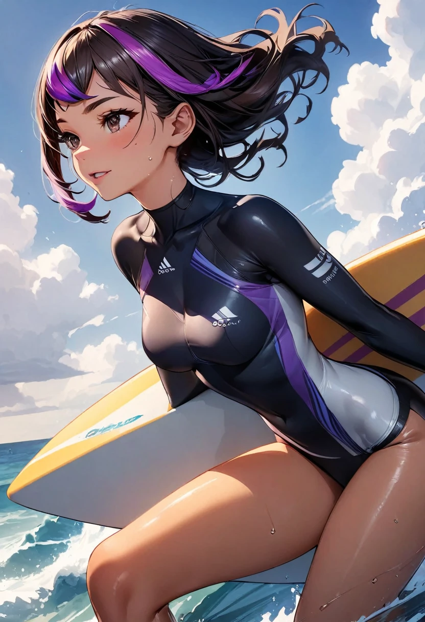 (highest quality:1.2, Very detailed, up to date, Vibrant, Ultra-high resolution, High Contrast, masterpiece:1.2, highest quality, Best aesthetics), Portraiture、girl、((25-years-old:1)), (a female surfing athlete:1.7), (riding on surfboard:1.6), surfing venue, (surf riding on big wave:1), dynamic angle, Bright colors、Beautiful fine details、Beautiful lip detail, long hair、black and purple ((streaked hair:1.6)), highlights hair: 1.5, brown eyes, ((slim body:1.4)), (small breast:0.7), (dark skin:0.5), surfing wear, side view