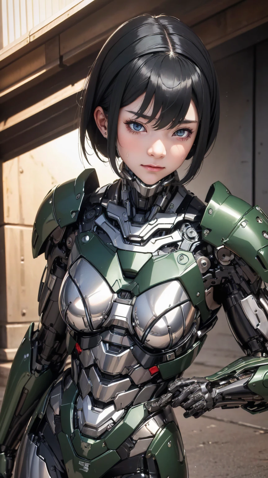 Textured skin, Very detailed, Attention to detail, high quality, 最high quality, High resolution, 1080P, hard disk, beautiful,(War Machine),beautifulサイボーグ女性,Mecha Cyborg Girl,BATTLE MODE,Girl with a mechanical body　Black Hair　Short Hair Boyish　Dark green armor　Soaked Face　Change is over　　Steam coming out of the head　((whole bodyから湯気が吹き出す)　　front　whole body