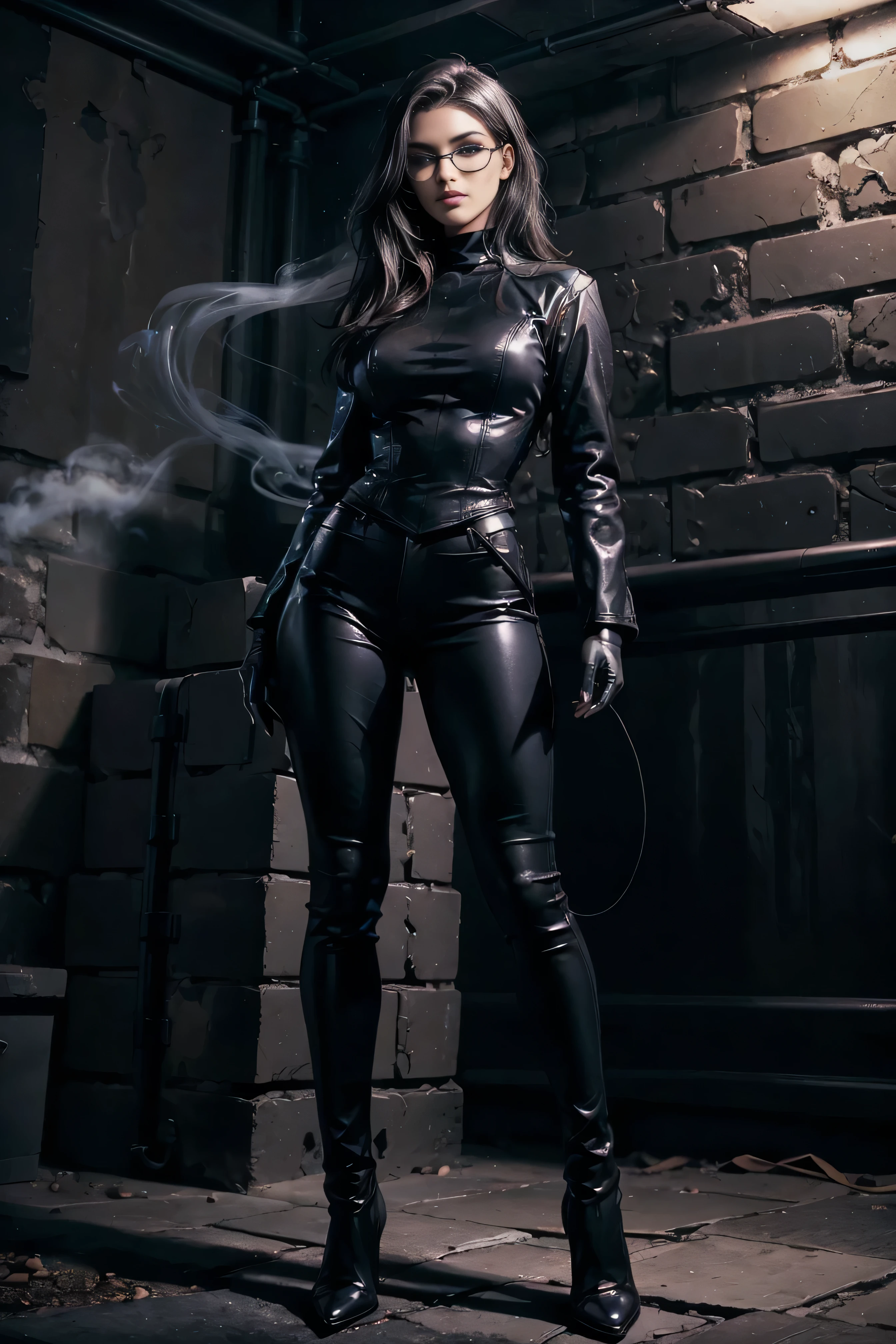 Full body shot of An ultra hot beauty sensual, European woman. he tilts his head to the side when taking Age 23. instagram and tiktok model. short single face black hair. dark mysterious brick-walled cellar tight black leather pants black turtleneck and leather jacket. black leather gloves dark sunglasses, Perfect anatomy, perfect hair, perfect breast, perfect body, perfect hands, perfect face, perfect eyes, accurate, anatomically correct, dark shadows silky lights, fog, mist, smoke