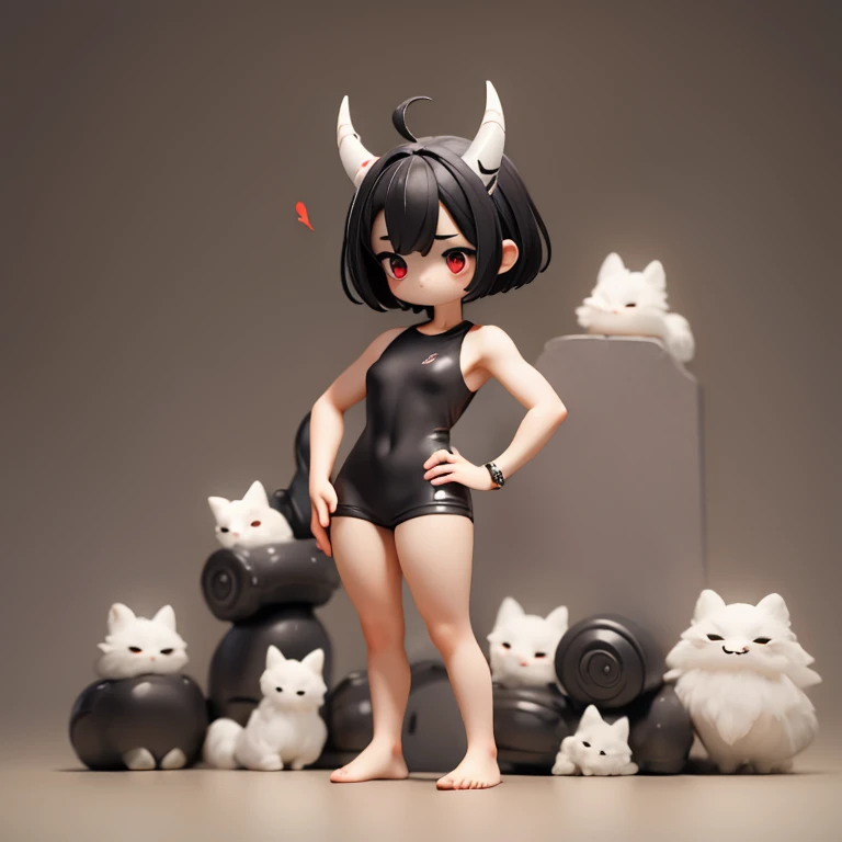 Young Girl,,Mini character,Red eyes,Black Hair,Ahoge,Short Hair,Short Hair,Very Short Hair,Dark atmosphere,Deformed character,Horns growing,slender,Slender,Small breasts,Small breasts,Tight-fitting clothing,Yoga Suit,spats,Facing forward,Watching the audience,Facing the screen,Standing with your legs apart,Even the toes are visible,Even the toes are visible,,naked,全naked,Muscle Exposure,nude