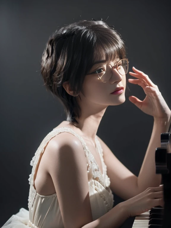 (masterpieces,best quality,ultra_detailed),4K,RAW photo,rembrandt lighting,high contrast,shallow depth of field,(realistic:1.4),(photorealistic:1.4),(view from side),profile,elegant lady,big chest,blunt bangs,wavy hair,glasses,gorgeous dress, BREAK (playing the piano:1.2),sensual